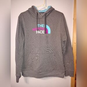 The North Face Gray Hoodie with Blue and Pink Logo